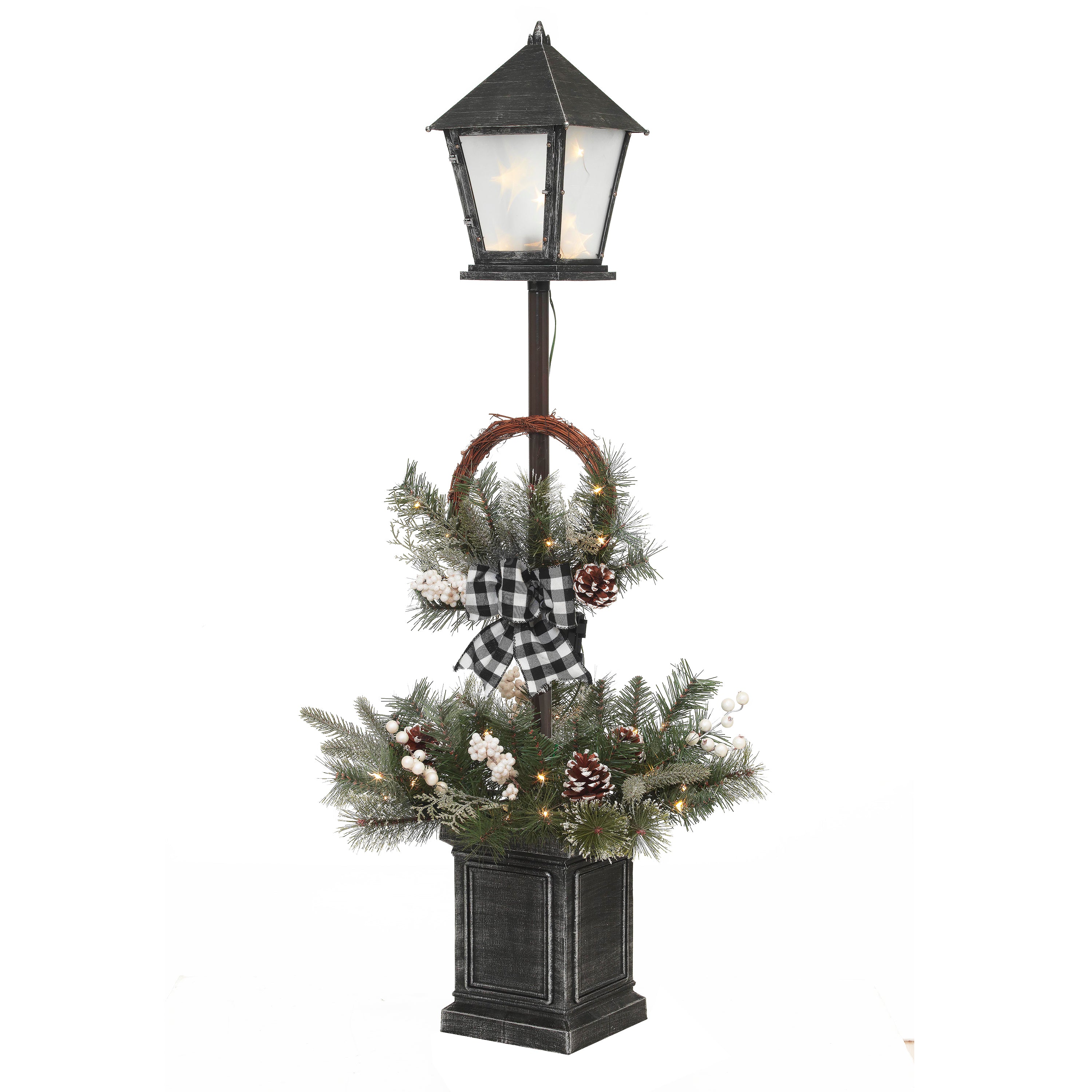 Vintage Lantern Post with Wreath and micro LED lights, Timer